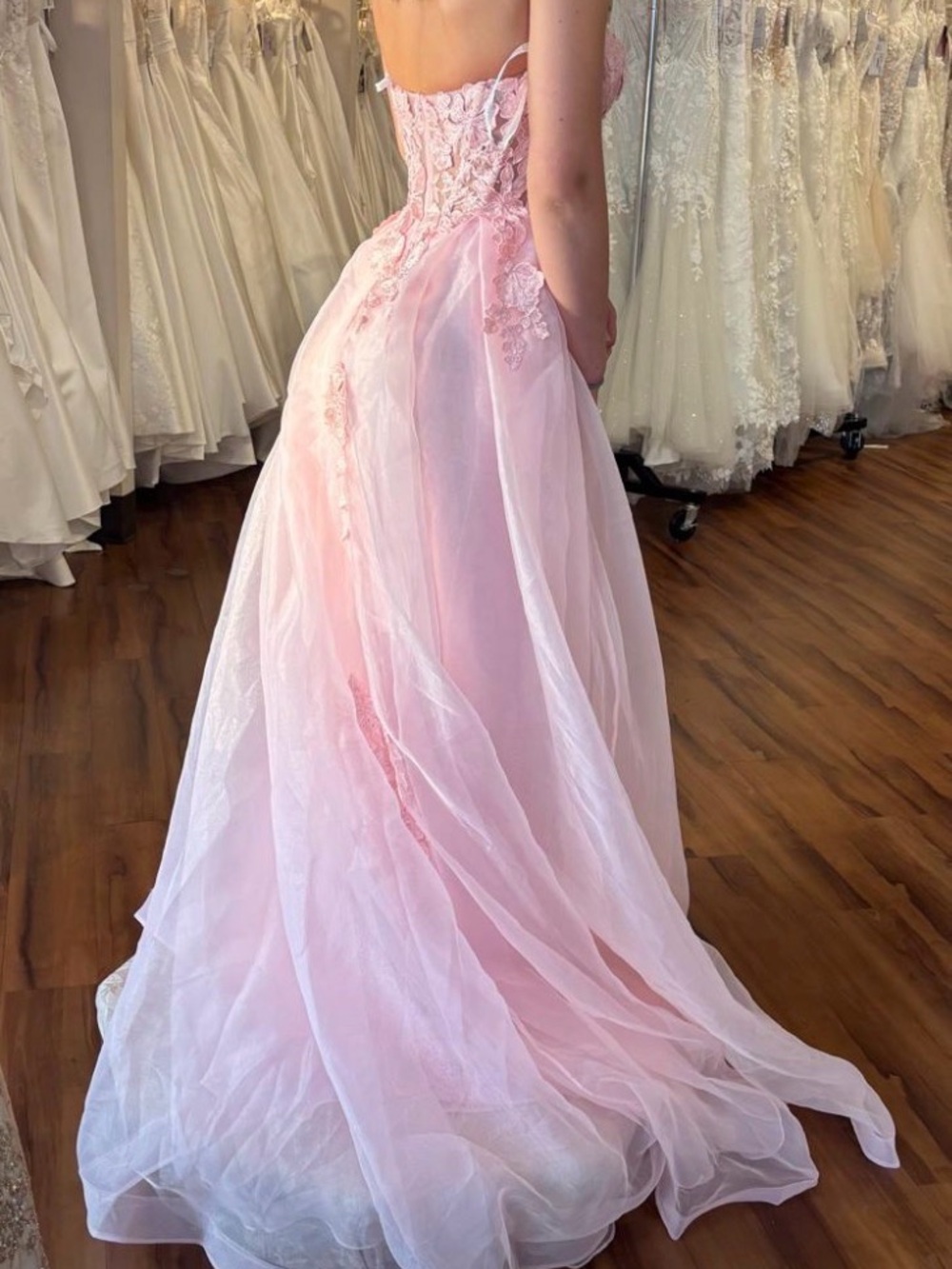 Strapless Pink Lace Appliqué Prom Dress